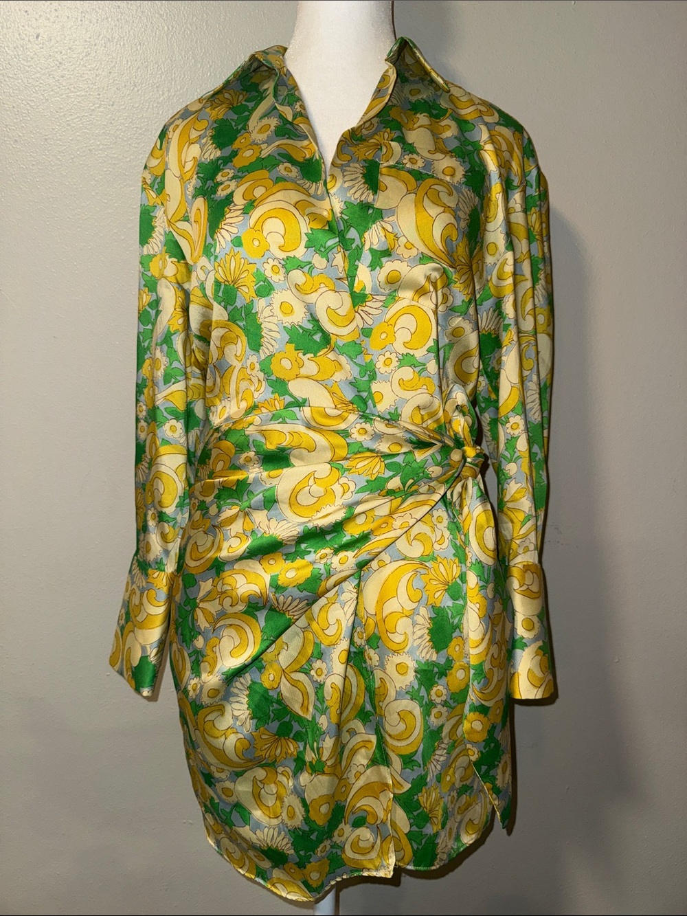 Zara xs Green & Yellow Floral Wrap Shirt Dress -